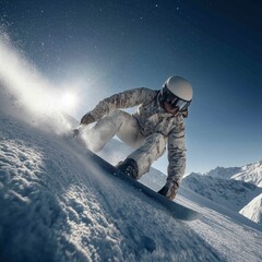Snowboarder riding fresh powder on a sunny mountain day. Snowboarder carving down a snowy slope, creating a cloud of fresh powder in bright sun