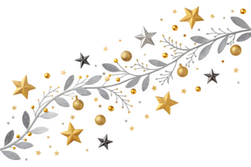 Elegant christmas garland with gold and silver stars and baubles isolated on transparent background