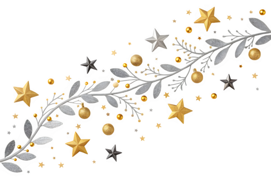 Elegant christmas garland with gold and silver stars and baubles isolated on transparent background