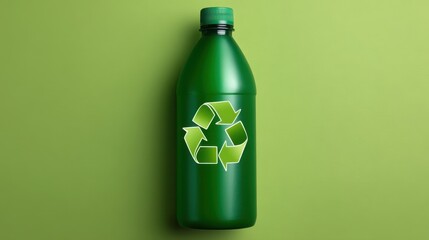 Green plastic bottle with recycling symbol on vibrant green background promoting sustainability and eco-friendly practices for environmental awareness