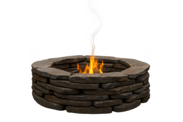 Stone fire pit burning, providing warmth and light outdoors, for camping or backyard relaxation, transparent background