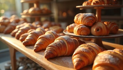 Golden brown croissants baked fresh for breakfast sit on wooden counter. Sweet pastries dusted with powdered sugar offer a delicious morning treat. Flaky baked goods ready for sale at the bakery.