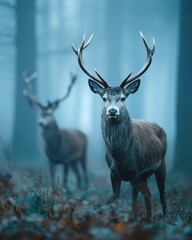 Majestic stag deer with antlers standing in misty blue forest wildlife nature photography