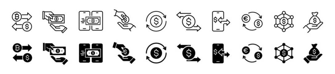 Obraz na płótnie Canvas Money transfer icon set. Currency exchange and payment symbol. Vector illustration.
