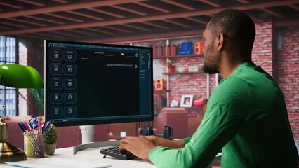 African american guy uses artificial intelligence chatbot trained to understand and generate...