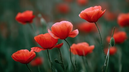 Fototapeta premium Vibrant Red Poppies Blooming in a Lush Green Field with Soft Focus Background Creating a Dreamy Nature Scene for Garden and Floral Illustrations