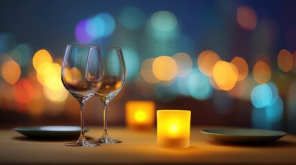Romantic evening setting with two wine glasses and glowing candles against a dreamy city bokeh background for intimate dining experiences