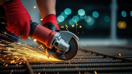Industrial Worker Cutting Metal with Angle Grinder Creating Bright Sparks