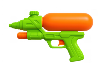 Green and orange plastic water gun, a vibrant toy for summer play and children's outdoor fun, isolated with transparent background