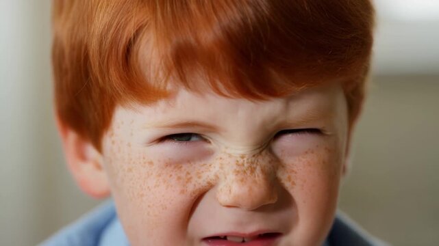 A close-up shot of a young child with red hair and freckles, making a face. The child's expression conveys a sense of displeasure, disgust, or skepticism.  Stock Video