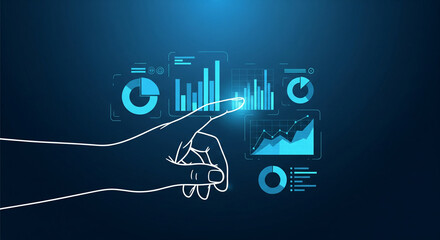 Futuristic Hand Interaction with Data Visualization Dashboard and Holographic Business Charts