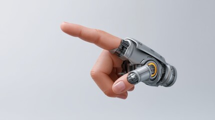 Futuristic Human-Hand Hybrid with Robotic Finger Pointing Gesture, Symbolizing Technology Integration and Innovation in Modern Life