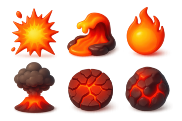 Fiery Icon Set. 3D icon set of fiery power: explosion burst, lava surge, glowing fireball, ash plume, cracked earth, red-hot rock.