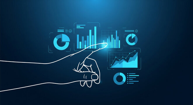 Futuristic Hand Interaction with Data Visualization Dashboard and Holographic Business Charts