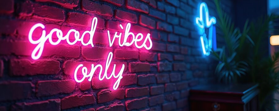 Neon sign displays phrase good vibes only on brick wall. Pink glowing text gives positive message. Blue light sign complements overall mood. Modern inspirational artwork concept. - Powered by Adobe
