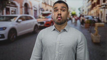 Hispanic man wearing striped shirt purses lips on bustling city street; playful expression joy humor.