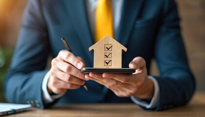 Man in suit holds house model with checkmarks on phone. Real estate agent consults clients about property investment. Mortgage paperwork sign up and house buying process.