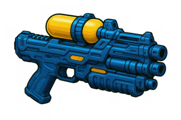 Blue and yellow pixel art squirt gun for summer fun and water combat games, a digital toy game asset
