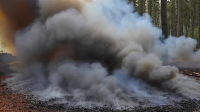 Smoke billowing dramatically from a forest fire, with trees in the background, a display of raw power and devastation Stock Video