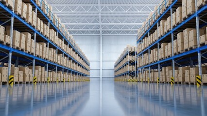 Large Modern Distribution Warehouse Aisle with Stacks of Boxes