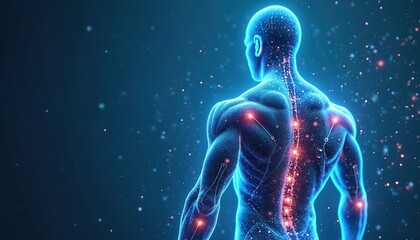 Fototapeta na wymiar Muscular male torso with glowing spine, representing muscle regeneration and recovery. Digital illustration of human anatomy with light particles, suggesting energy and vitality for athletes.