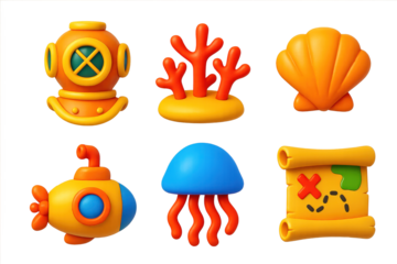 Underwater Exploration Icons. 3D icon set of underwater exploration: diving helmet, coral reef, seashell, submarine, jellyfish,
