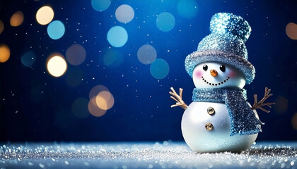 Cute snowman figurine. Christmas background with copy space.