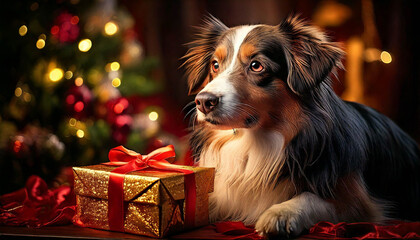 Dog with Christmas gift under Christmas tree