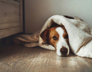 Dog scared of firework hiding under the blanket