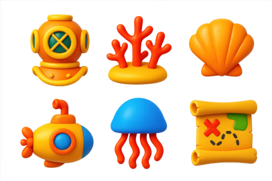 Underwater Exploration Icons. 3D icon set of underwater exploration: diving helmet, coral reef, seashell, submarine, jellyfish,