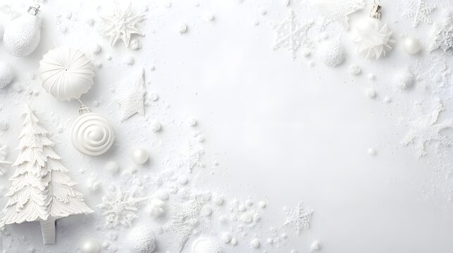 Christmas background with white fir branches and snowflakes. Copy space. Silver christmas balls and snowflakes on white bokeh background. White cloud dencer color. 