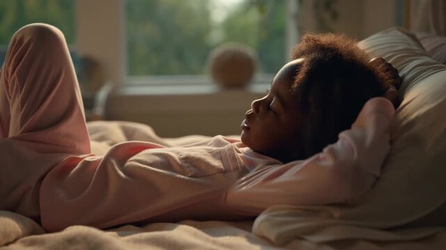 A relaxed child peacefully resting on a cozy bed, bathed in soft light. The child appears serene, with a look of contentment Stock Video