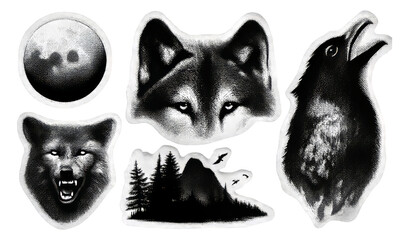 Fototapeta premium Monochrome Retro Halftone Collage of Wolves, Ravens, and Scenic Landscapes Isolated on Transparent Background