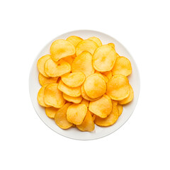 A plate of crispy golden potato chips. These chips are on a white plate