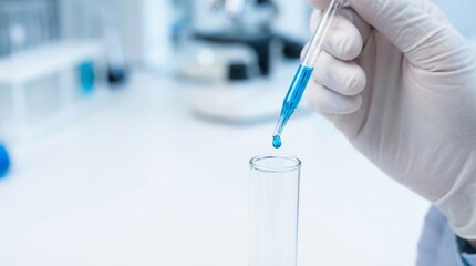 Scientist hand holding pipette dropping blue liquid into test tube in sterile lab