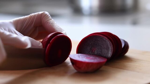 A person slicing beetroot with a knife, showcasing a fresh, healthy ingredient Stock Video