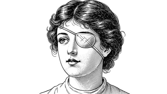 Young woman with eye patch in vintage illustration style. Female patient with eye patch