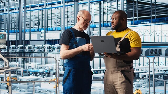 Smart factory senior engineer teaches intern to implement automated workflows, computerizing manual operations. Experienced man helping trainee integrate sensors into production, camera A