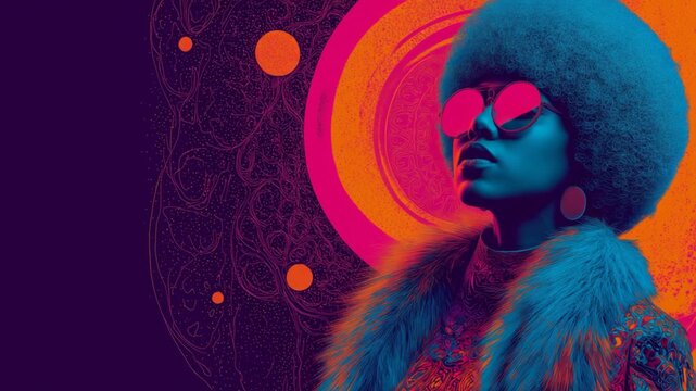 creative funk colorful illustration, black African woman wearing sunglasses 