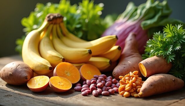 Various foods with high potassium levels visible. Bananas sweet potatoes oranges beans, leafy greens create colorful healthy food assortment. Nutrient rich vegetables, fruits provide dietary fiber,