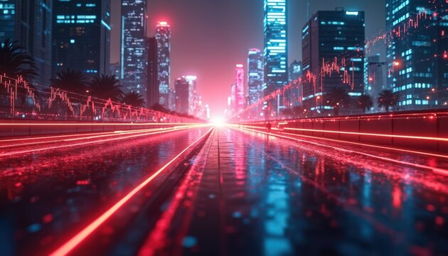 Futuristic cityscape at night with glowing traffic lines and stock market charts overlay. Digital financial data streams over urban infrastructure, showing economic progress and city growth.