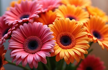 Close-up macro view of vibrant gerbera daisies in bright orange and pink hues. Petals unfurl showcasing dark centers against soft bokeh. These cheerful blooms radiate warmth.