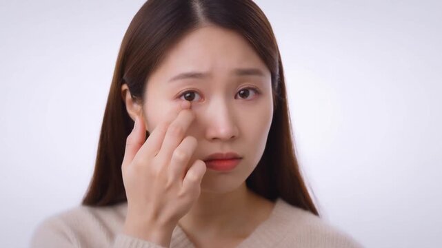 A woman appears to be wiping away a tear, suggesting a state of sadness or distress. The close-up view focuses on her face, emphasizing the raw emotion she's experiencing.  Stock Video