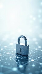 Padlock rests on digital network grid with glowing nodes. Symbolizes data security, privacy protection, and cyber defense. Represents safe online transactions and safeguarding information.