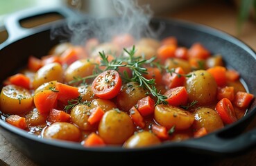 Hot vegetable stew with potatoes tomatoes carrots and herbs in black pan. Cooked healthy meal served on wooden table. Vegetarian food dish for lunch or dinner simple recipe closeup.