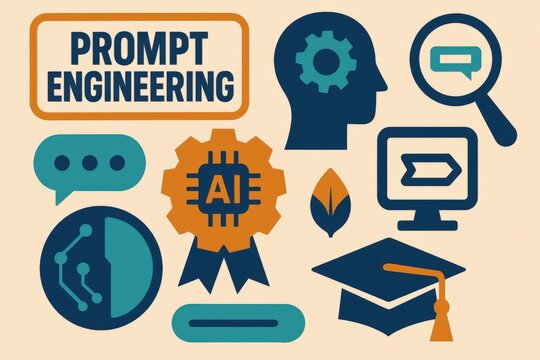 Visual representation of prompt engineering concepts showcasing artificial intelligence, communication strategies, educational elements, and technology integration for innovative learning