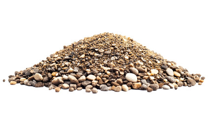 Sand pile scatter with small pebbles isolated on white background and texture clipping path side view