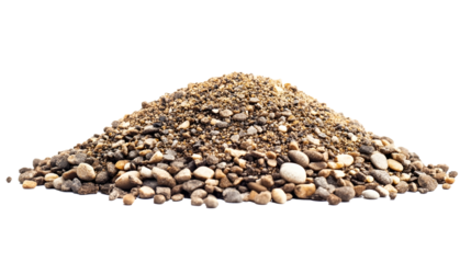Sand pile scatter with small pebbles isolated on white background and texture clipping path side view