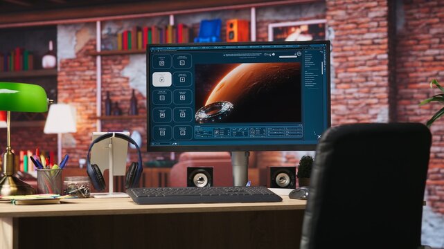 AI program turning text prompt into videos results. Monitor in desk surrounded by plants showing text to video artificial intelligence generative model, handheld camera shot