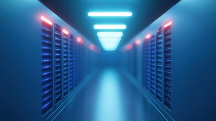 Futuristic Server Room with Glowing Blue and Red Lights in a Modern Data Center for Technology and Cybersecurity Concepts
